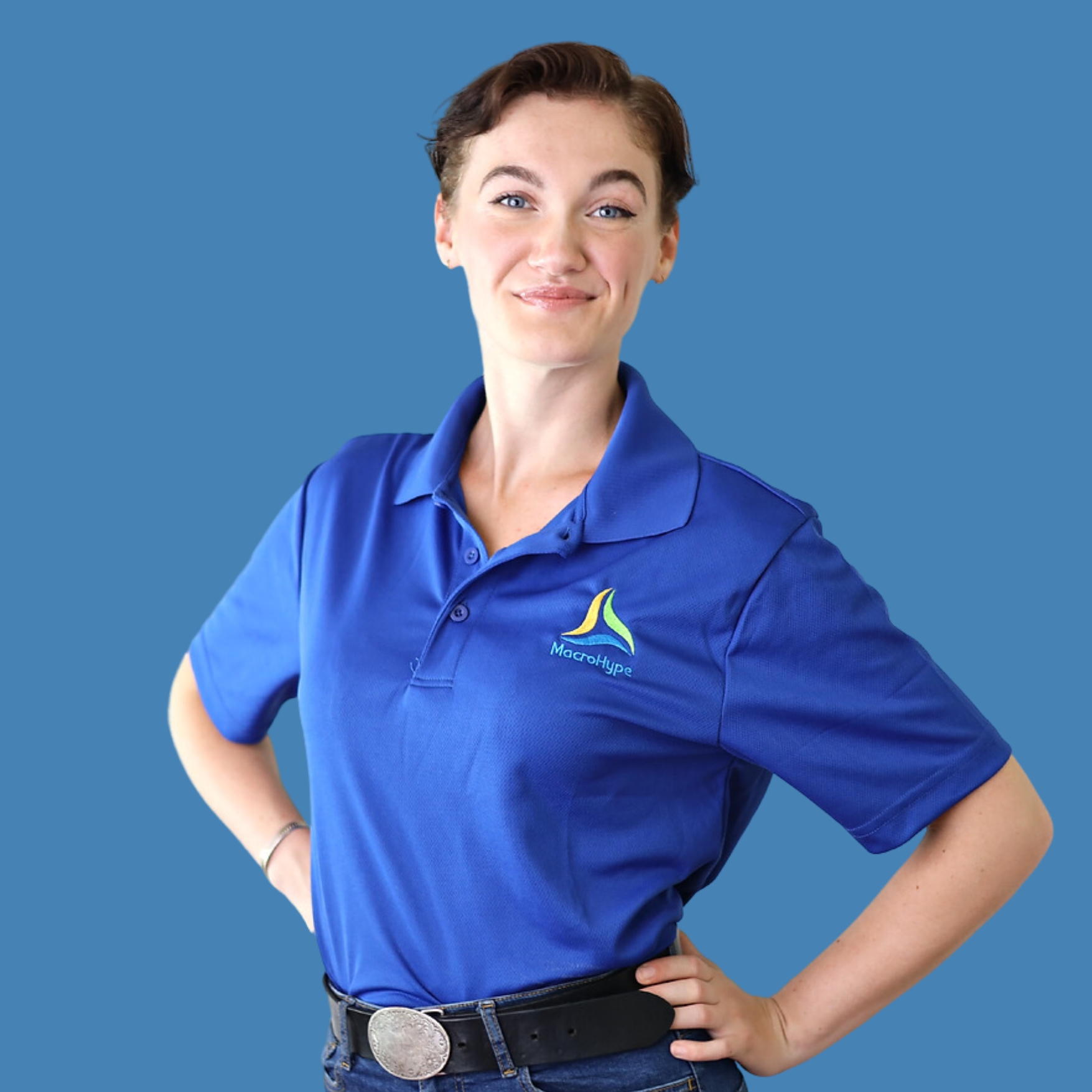 a woman in a blue shirt