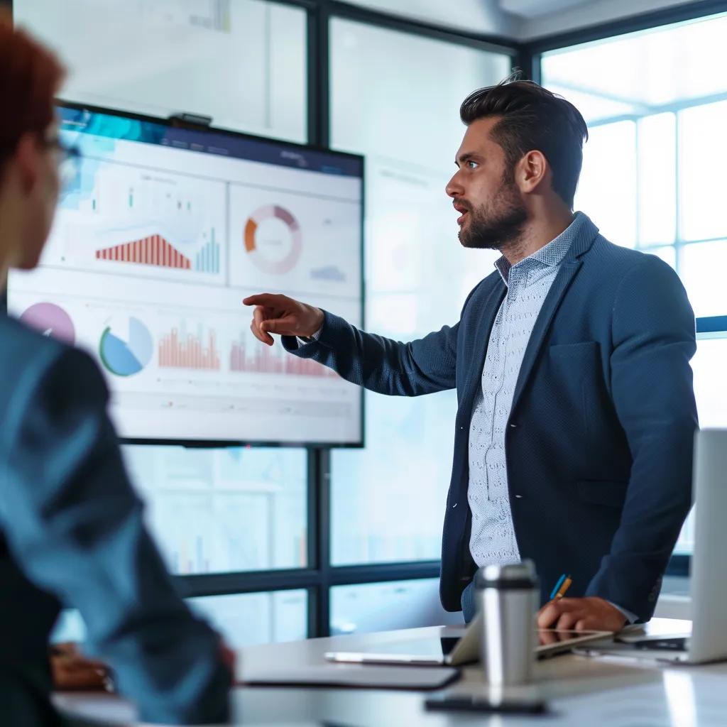 Business consultant presenting brand strategy to a client in a meeting room